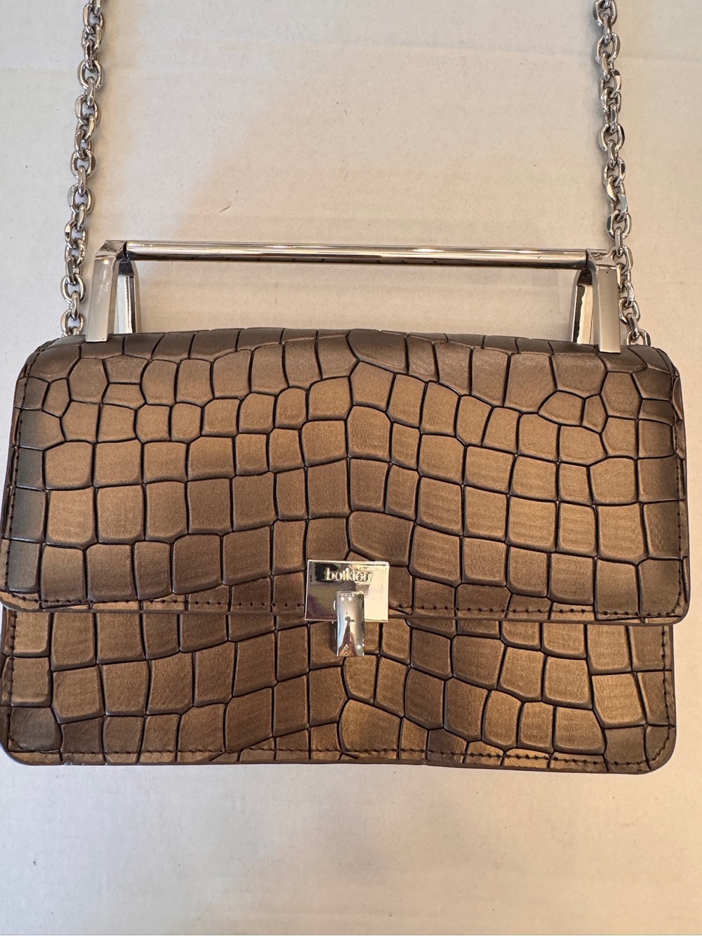 VTG BOTKIER LENOX GUNMETAL CROC LEATHER CHAIN CROSS BODY TOP HANDLE BAG PURSE